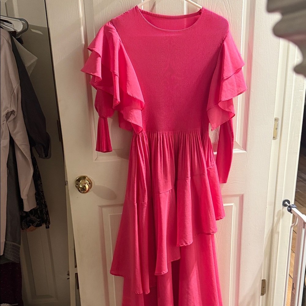Bright Pink Ruffled Tiered Women's Dress